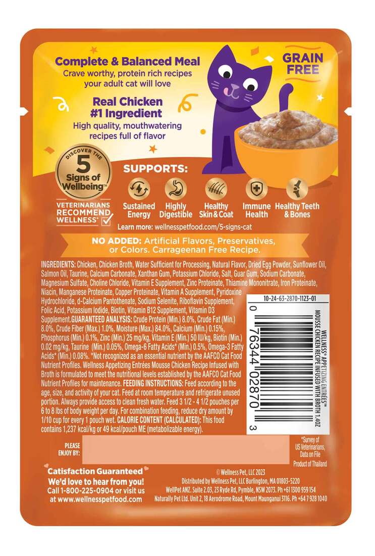 Wellness® Appetizing Entrées™ Mousse Chicken Recipe Infused with Broth Natural Wet Cat Food, 1.4 oz.