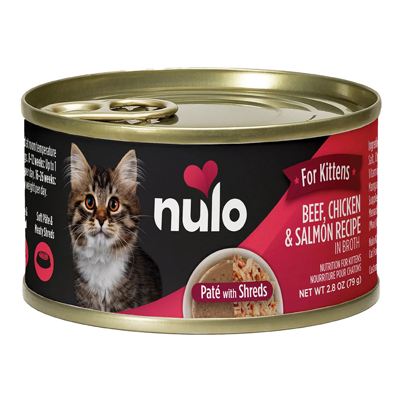 Nulo Kitten Beef, Chicken, & Salmon Recipe in Broth Paté With Shreds